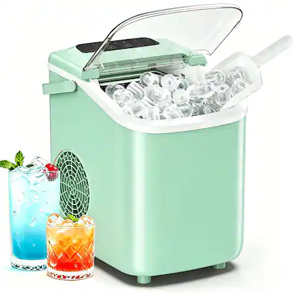 Front. Sweet - Ice Maker Countertop with Portable Handle, Basket and Scoop, 9 Ice Cubes in 6 Minutes, 26lbs Daily, Green - Green.