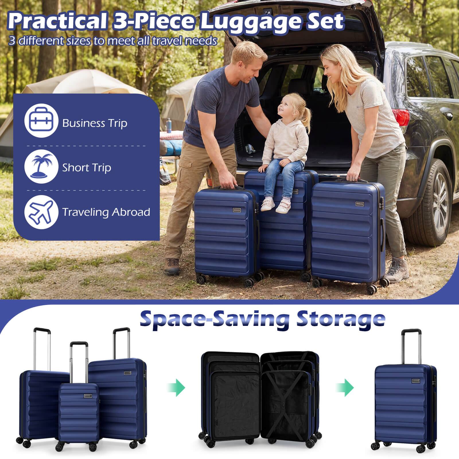 Practical 3-Piece Luggage Set  
3 different sizes to meet all travel needs  

- Business Trip  
- Short Trip  
- Traveling Abroad  

Space-Saving Storage