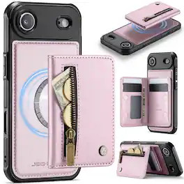 Dteck - Magnetic Wallet Phone Case for Apple iPhone Air 2025,Slim Detachable Zipper Card Holder RFID PU Leather Shockproof Cover - Pink