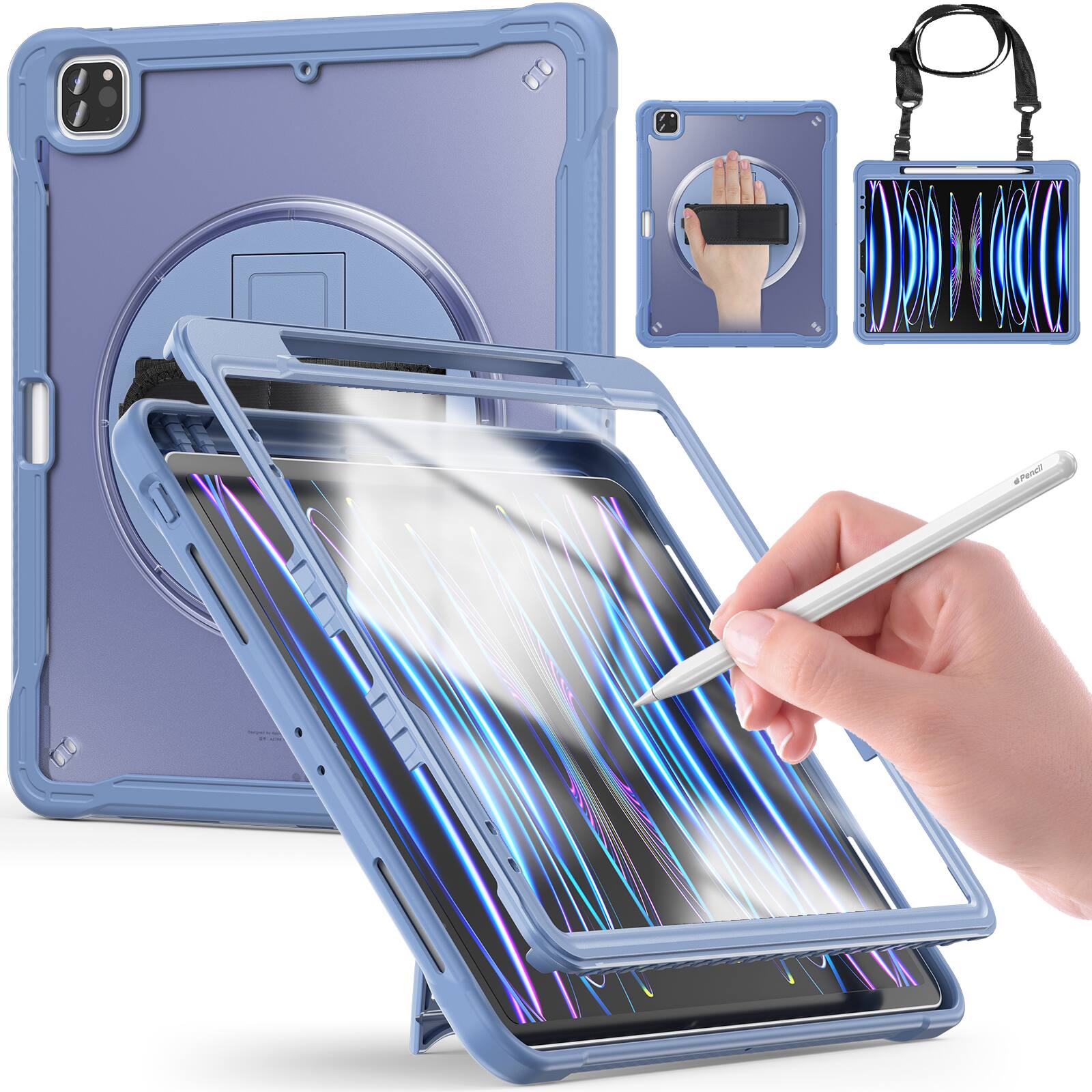 Alt View 7. Dteck - Rugged Case for Apple iPad Pro 12.9" Built-in Screen Protector, Shockproof Stand Cover with Shoulder Strap Handle Grip - Grey.