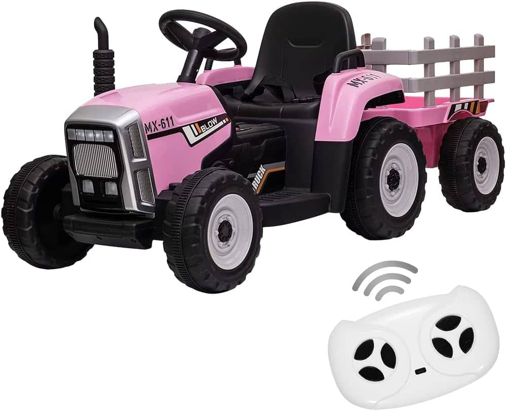 Homhougo - 12V Kids Ride On Tractor with Trailer & Remote Control, LED Headlights, Music, Pink