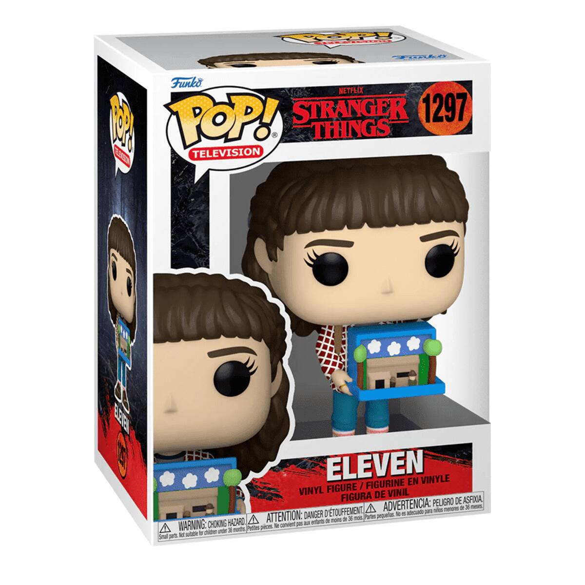 Funko POP!  
TELEVISION  

NETFLIX  
STRANGER THINGS  
1297  

ELEVEN  
VINYL FIGURE / FIGURINE EN VINYLE / FIGURA DE VINIL  

WARNING: CHOKING HAZARD - ATTENTION: PELIGRO DE ASFIXIA - ADVERTENCIA: PEQUEÑAS PIEZAS, NO SUJETABLE PARA NIÑOS MENORES DE 3 AÑOS.  
Small parts, not suitable for children under 36 months.  
Petits éléments, ne convient pas aux enfants de moins de 36 mois.  
Pequeñas piezas, no se recomienda para niños menores de 36 meses.