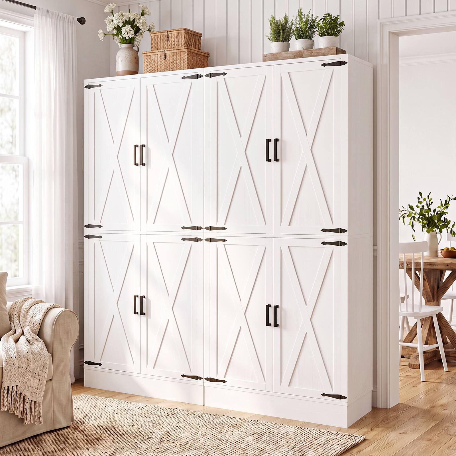 Alt View 3. Aheaplus - 70'' Tall Kitchen Pantry Cabinet with Drawer and Adjustable Shelves, 4 Barn Door Pantry for Dining, Kitchen - White.