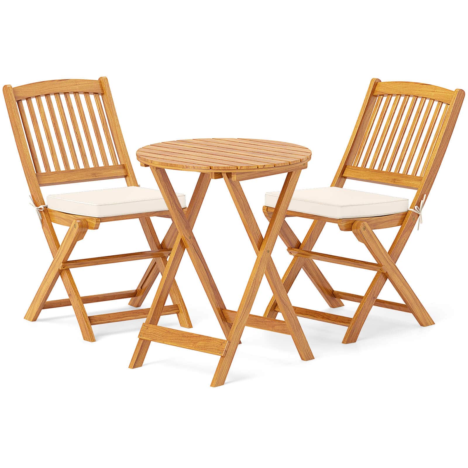 Front. Costway - 3 PCS Acacia Wood Patio Bistro Set Folding Table & Chairs Set with Cushions - Natural,Beige.