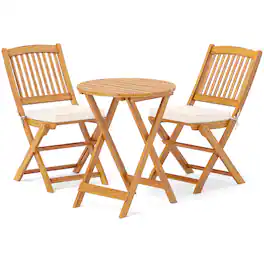 Costway - 3 PCS Acacia Wood Patio Bistro Set Folding Table & Chairs Set with Cushions - Natural,Beige
