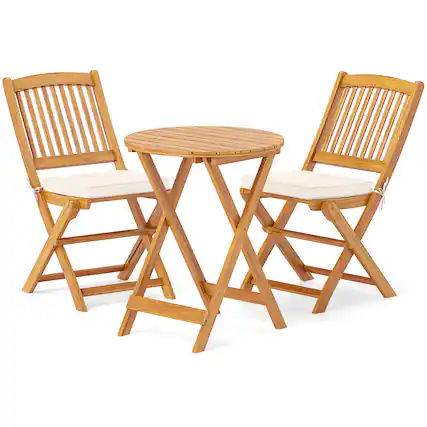 Front. Costway - 3 PCS Acacia Wood Patio Bistro Set Folding Table & Chairs Set with Cushions - Natural,Beige.