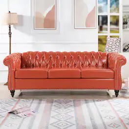 Loheer - 84.65 Inch Rolled Arm Chesterfield 3 Seater Sofa PU Leather Couch Vintage Tufted Back Living Room Sofa - Brown