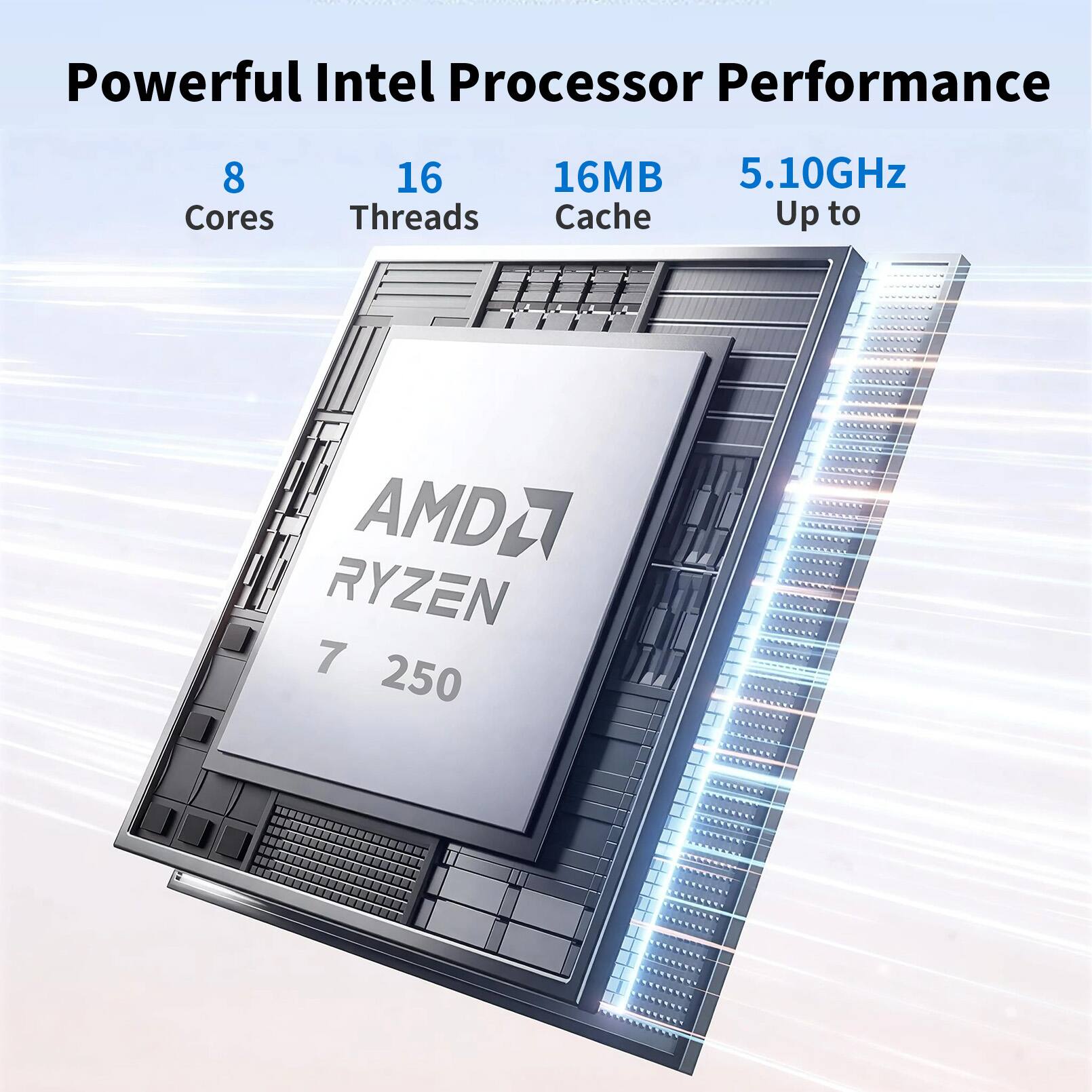 Powerful Intel Processor Performance  
8 Cores  
16 Threads  
16MB Cache  
Up to 5.10GHz  
AMD Ryzen 7 250