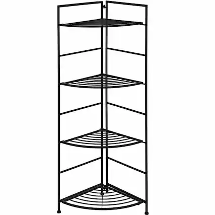 Front. Gymax - Gymax 4 Tier Folding Metal Shelf Plant Stand Storage Open Shelf Corner Display Rack - Black.