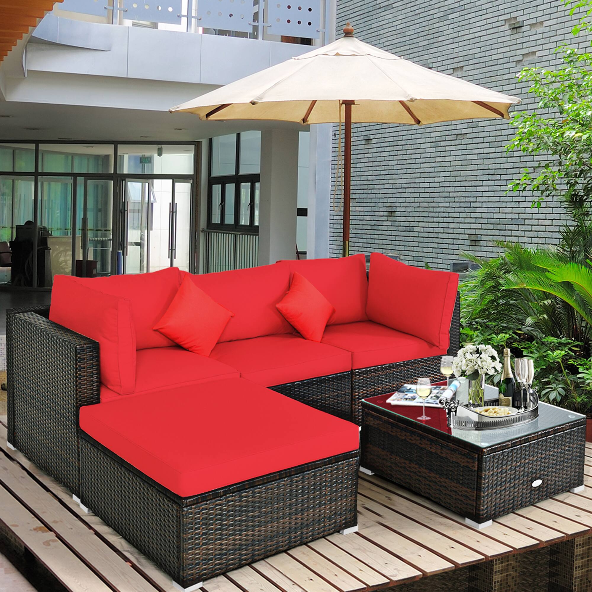 Alt View 3. Gymax - Gymax 5PCS Rattan Sectional Sofa Set Patio Furniture Set w/ Red Cushion Pillow - Red.