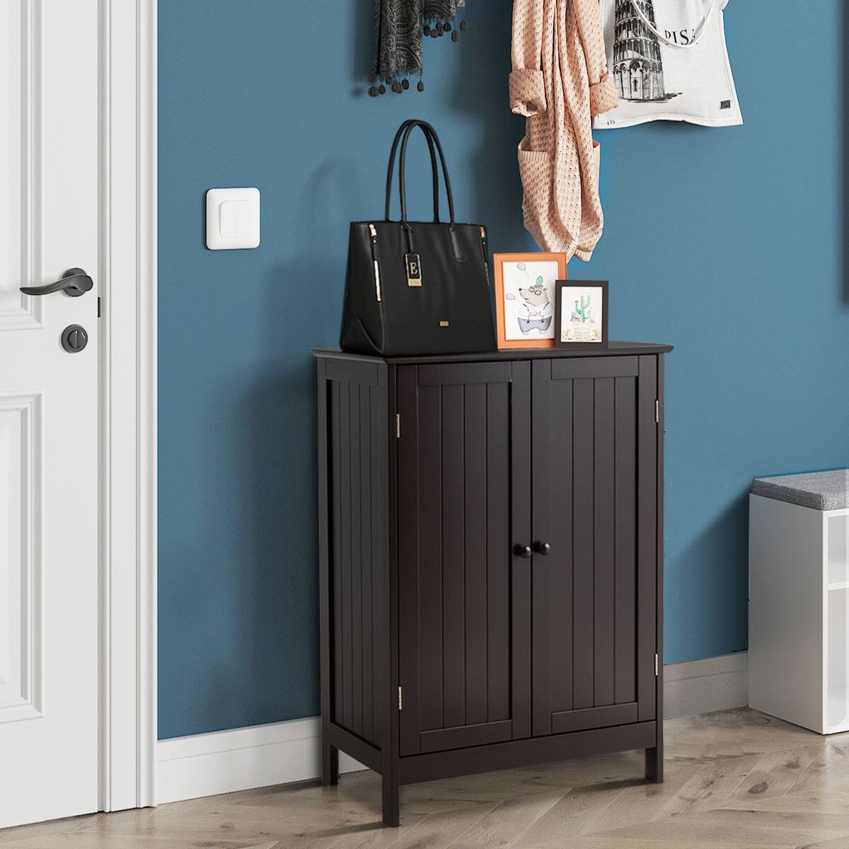 Alt View 1. Costway - Costway Bathroom Floor Storage Cabinet Double Door Kitchen Cupboard Shoe Cabinet - Brown.