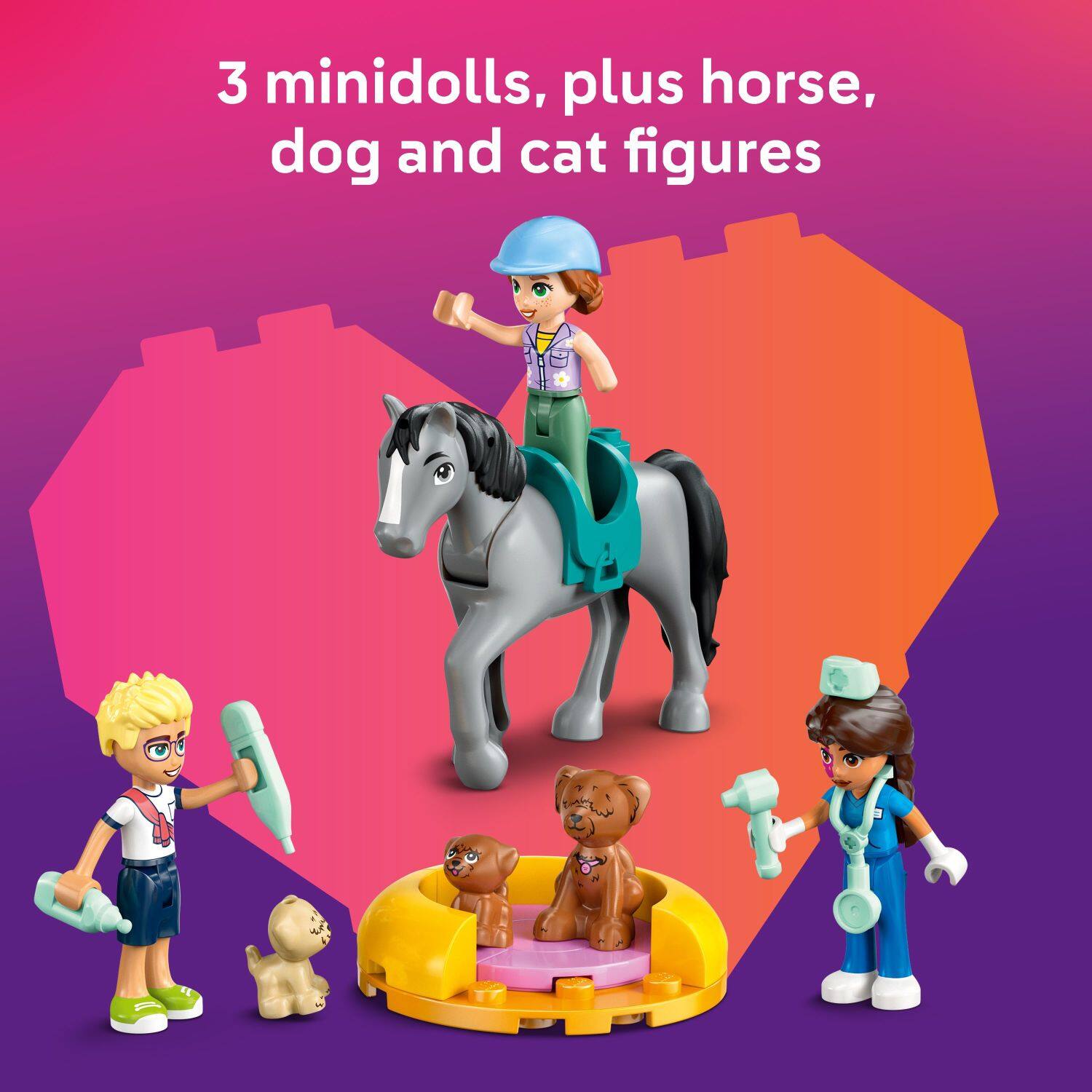 3 minidolls, plus horse, dog, and cat figures.