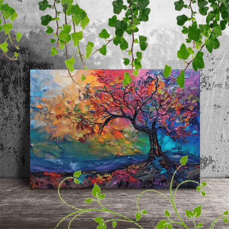 Angle. blue - 1pc Vibrant Rainbow Foliage Abstract Tree Canvas Art - Wooden Framed, Textured Paint, Ideal for Home & Office Decor, Li - Color:12*18in.