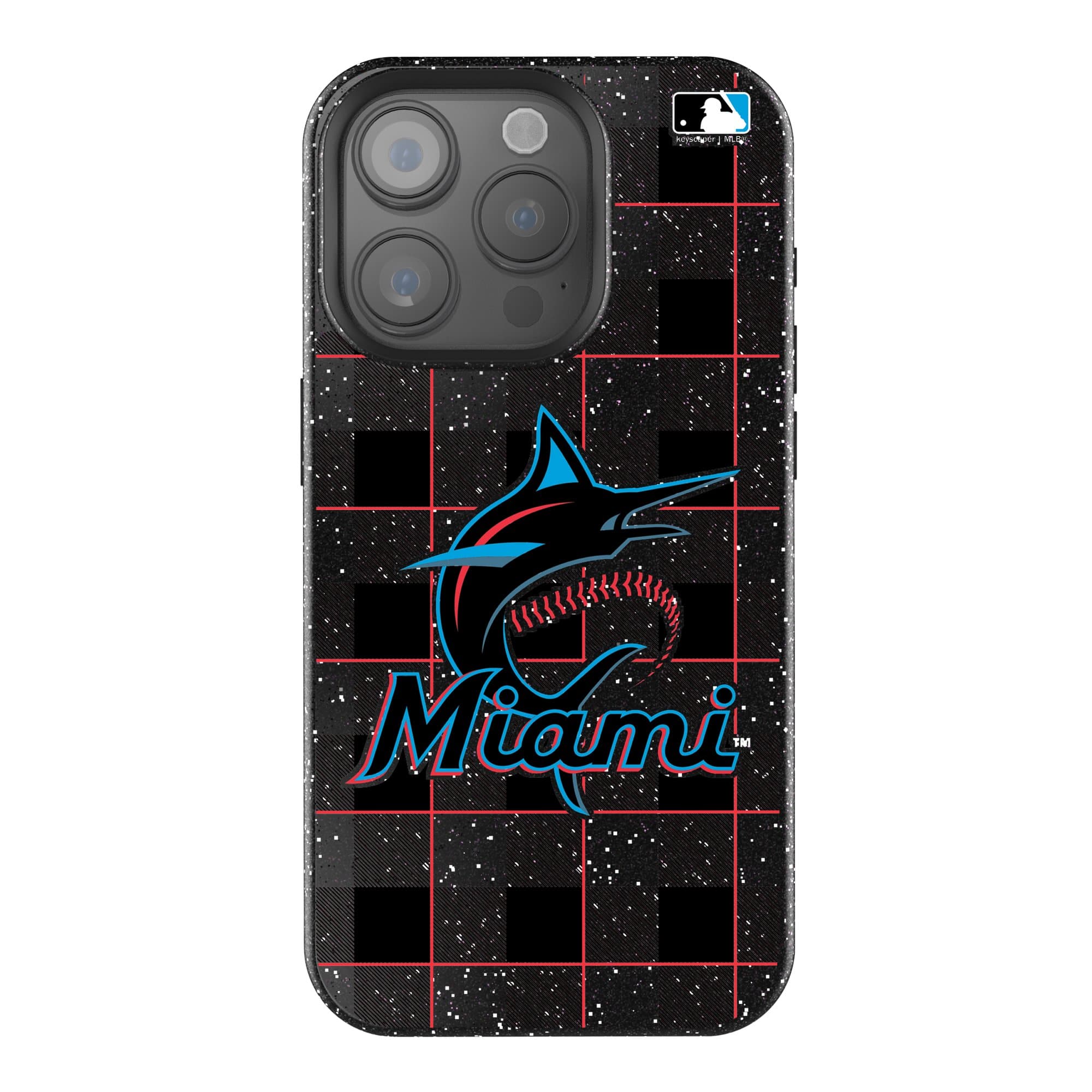 Keyscaper - MLB - Miami Marlins Plaid Bling iPhone Case - 14 Pro Max - Black