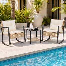 Costway - 3PCS Outdoor Conversation Sets Rocking Chair Set with 2 Chairs 2-Tier Glass-Top Coffee Table Cushions - White