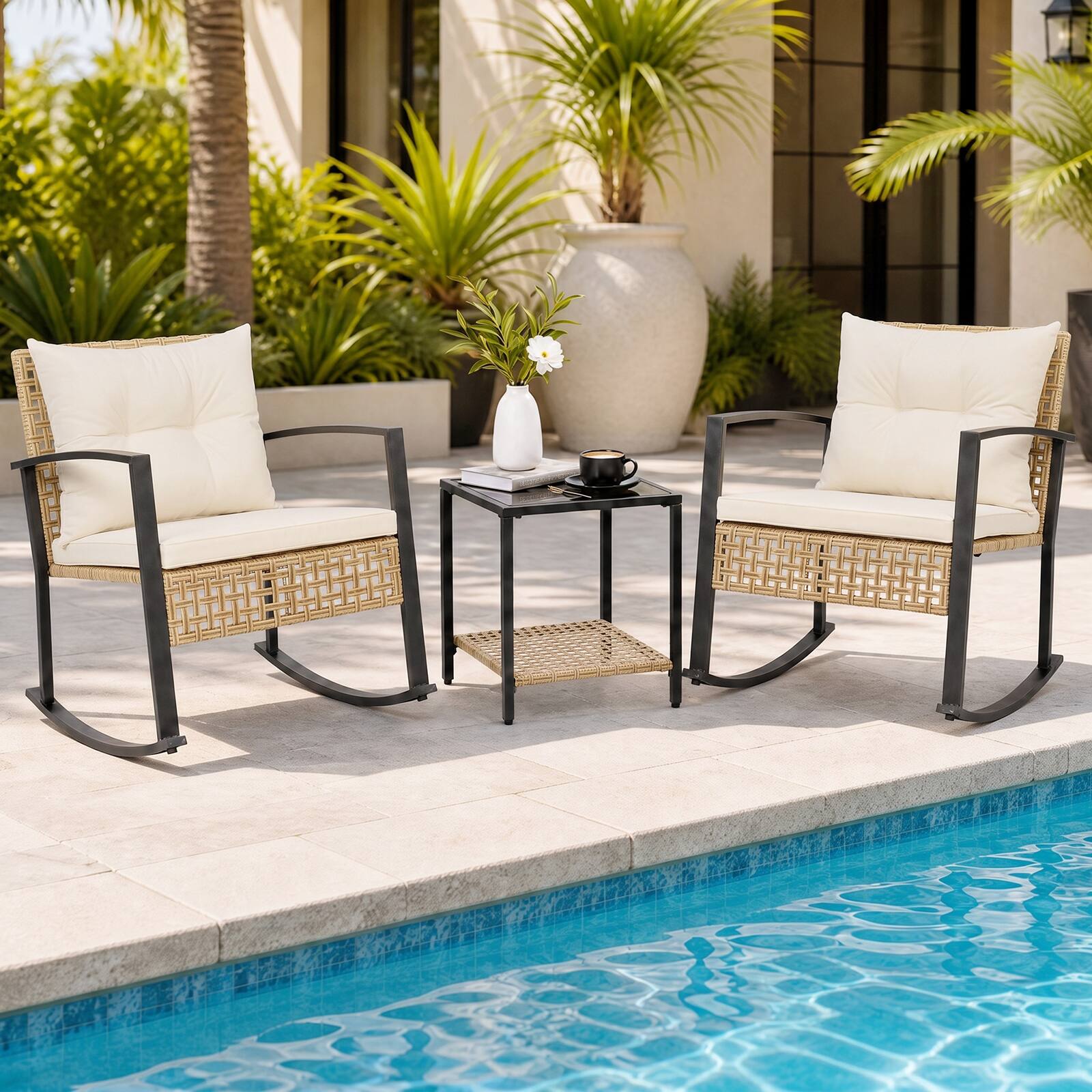 Costway - 3PCS Outdoor Conversation Sets Rocking Chair Set with 2 Chairs 2-Tier Glass-Top Coffee Table Cushions - White