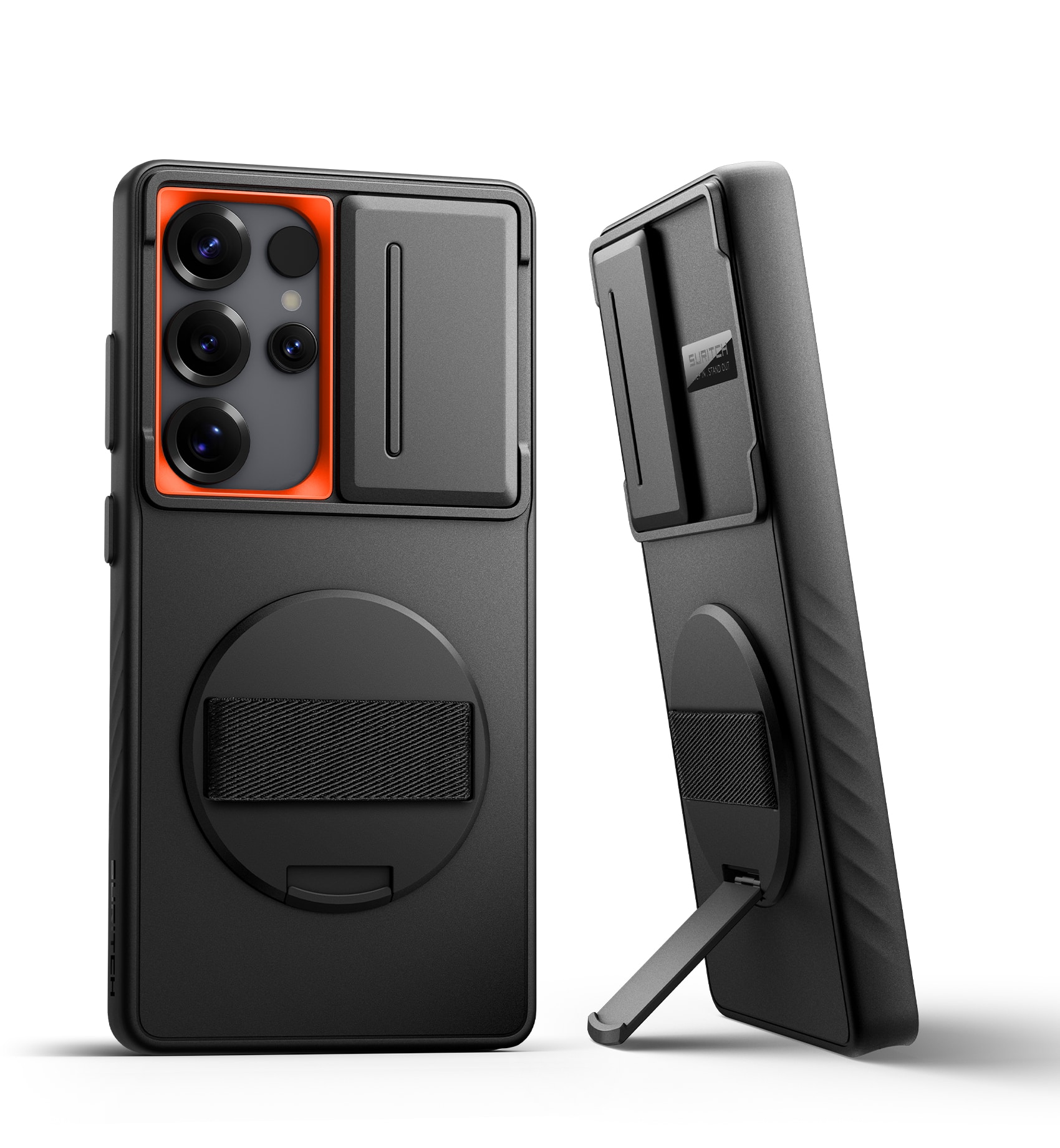 SURITCH - Case for Samsung Galaxy S25 Ultra with 360° Rotatable Hand Strap, Invisible Kickstand, Camera Cover, Rugged Shockproof - Black