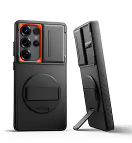 SURITCH - Case for Samsung Galaxy S25 Ultra with 360° Rotatable Hand Strap, Invisible Kickstand, Camera Cover, Rugged Shockproof - Black