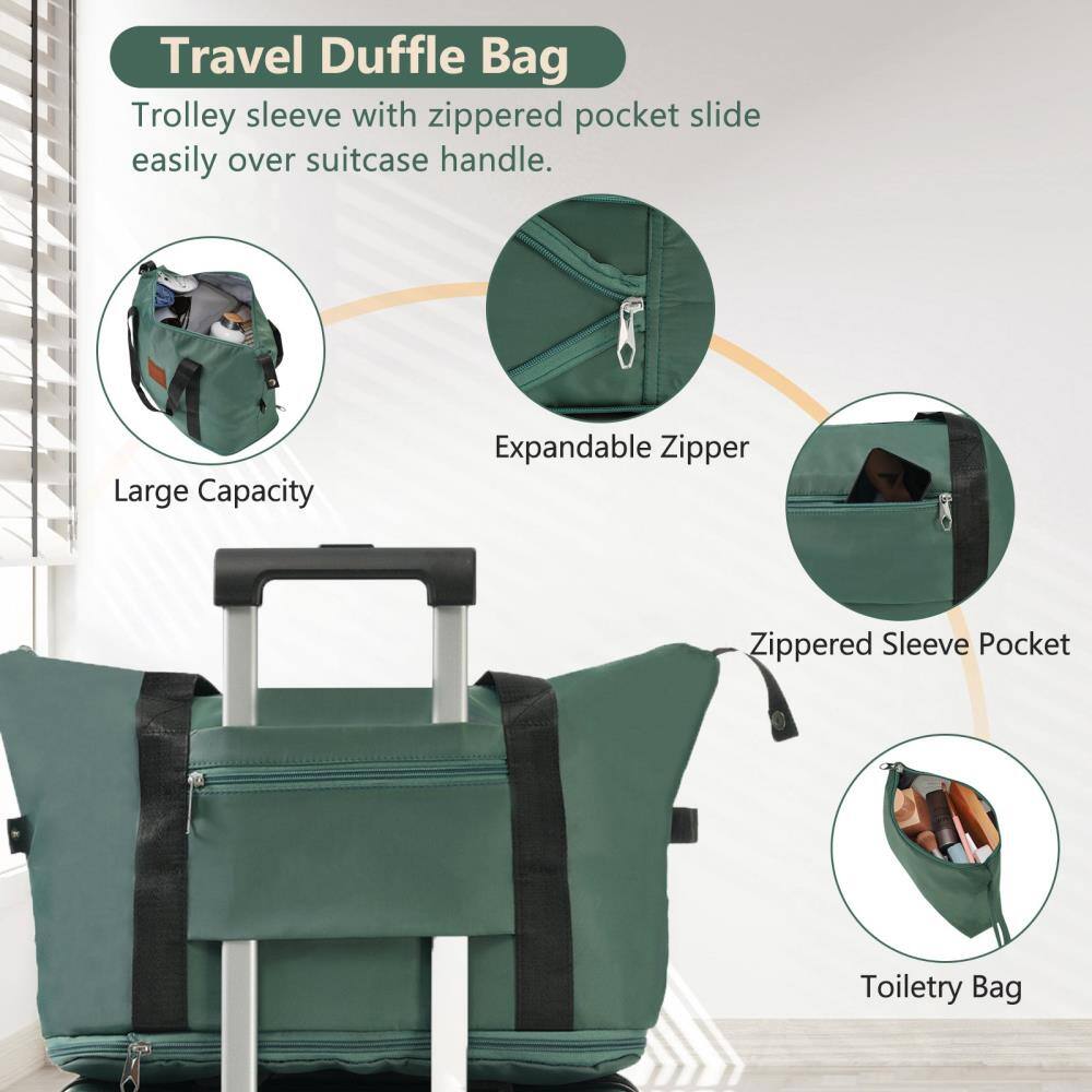 Travel Duffle Bag

Trolley sleeve with zippered pocket slide easily over suitcase handle.

- Large Capacity
- Expandable Zipper
- Zippered Sleeve Pocket
- Toiletry Bag