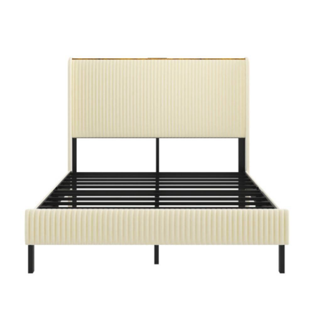 Alt View 4. LUCKY ONE - Full Size Platform Bed , Metal Bed Frame with Charging Station - Beige.