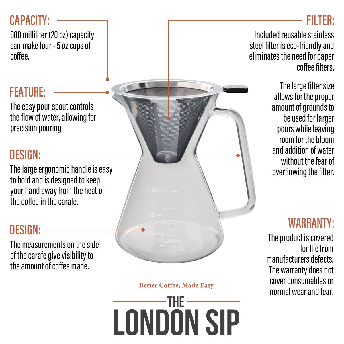 CAPACITY: 600 milliliter (20 oz) capacity can make four- 5 OZ cups of coffee.

FEATURE: The easy pour spout controls the flow of water, allowing for precision pouring.

DESIGN: The large ergonomic handle is easy to hold and is designed to keep your hand away from the heat of the coffee in the carafe.

DESIGN: The measurements on the side of the carafe give visibility to the amount of coffee made.

FILTER: Included reusable stainless steel filter is eco-friendly and eliminates the need for paper coffee filters.

WARRANTY: The product is covered for life from manufacturers defects. The warranty does not cover consumables or normal wear and tear.