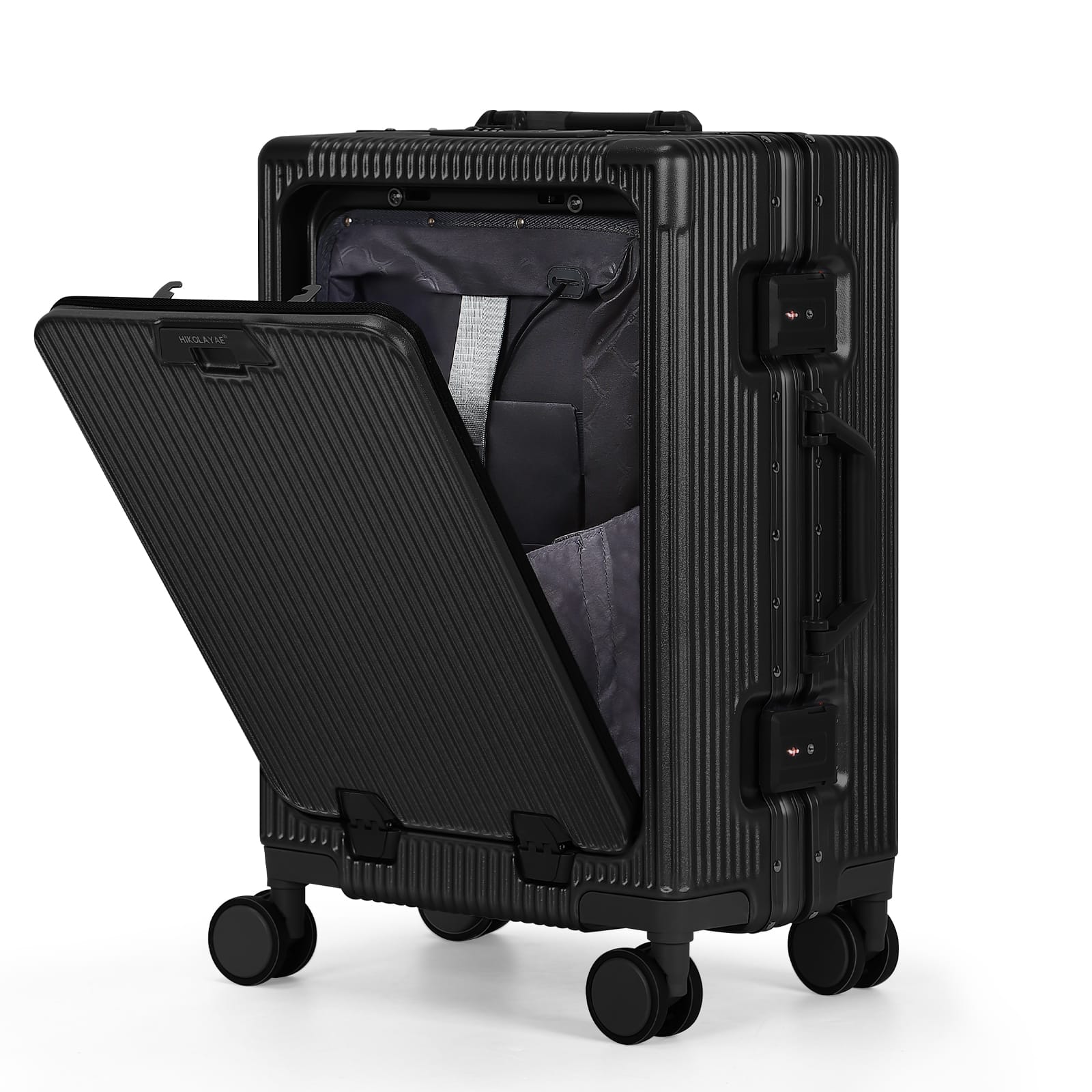 Oumilen - 20 Inch Front Opening Aluminum Frame Carry On Luggage – ABS+PC Hard Shell with TSA Lock, USB Port, Cup Holder - Black