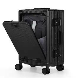 Oumilen - 20 Inch Front Opening Aluminum Frame Carry On Luggage – ABS+PC Hard Shell with TSA Lock, USB Port, Cup Holder - Black