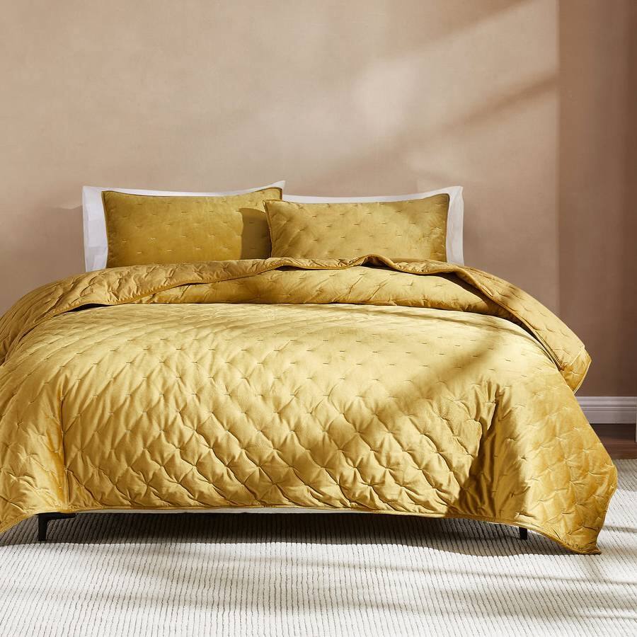 Angle. Hivvago - King/CAL King Size 3-Piece Mustard Yellow Velvet Embroidered Super Soft Quilt Set - Mustard Yellow.
