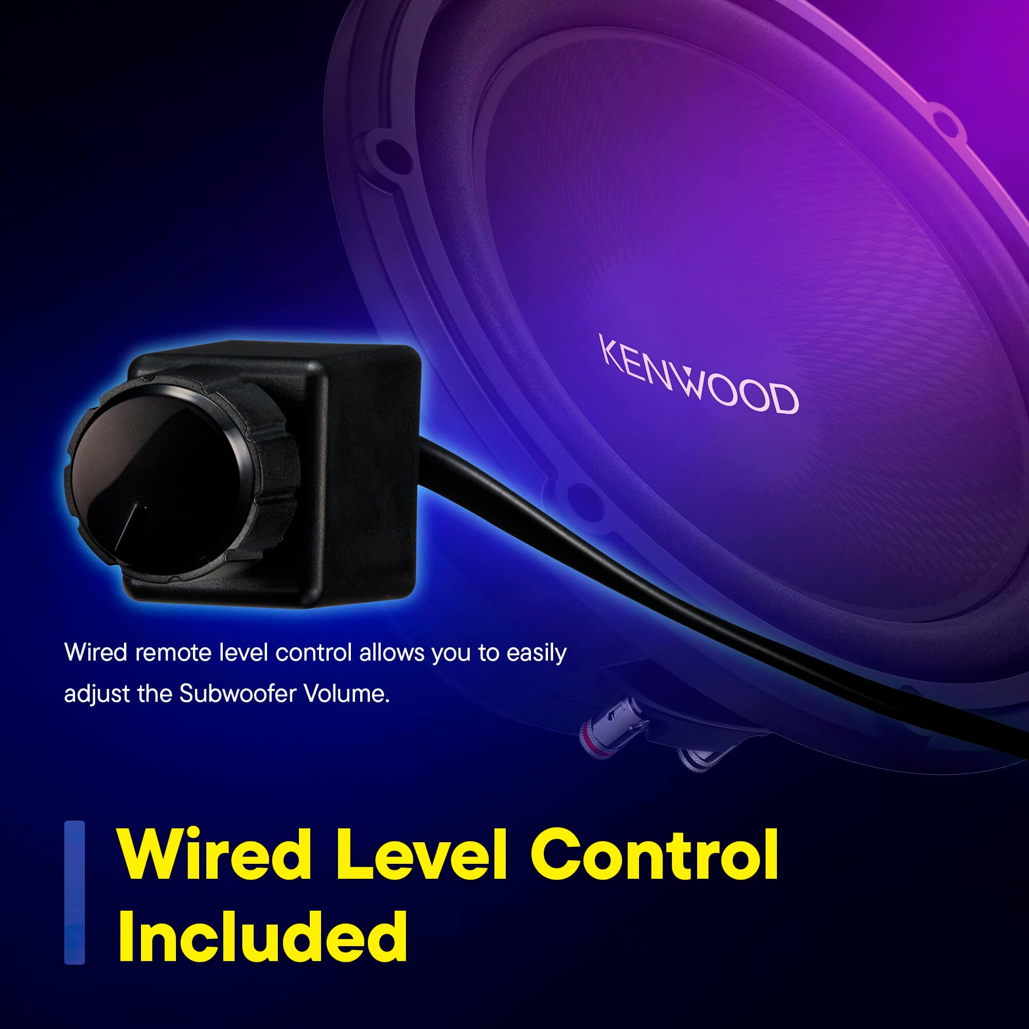 The image features a Kenwood speaker with a wired remote level control. This control allows the user to adjust the subwoofer volume with ease. Additionally, the wired level control is included with the speaker.