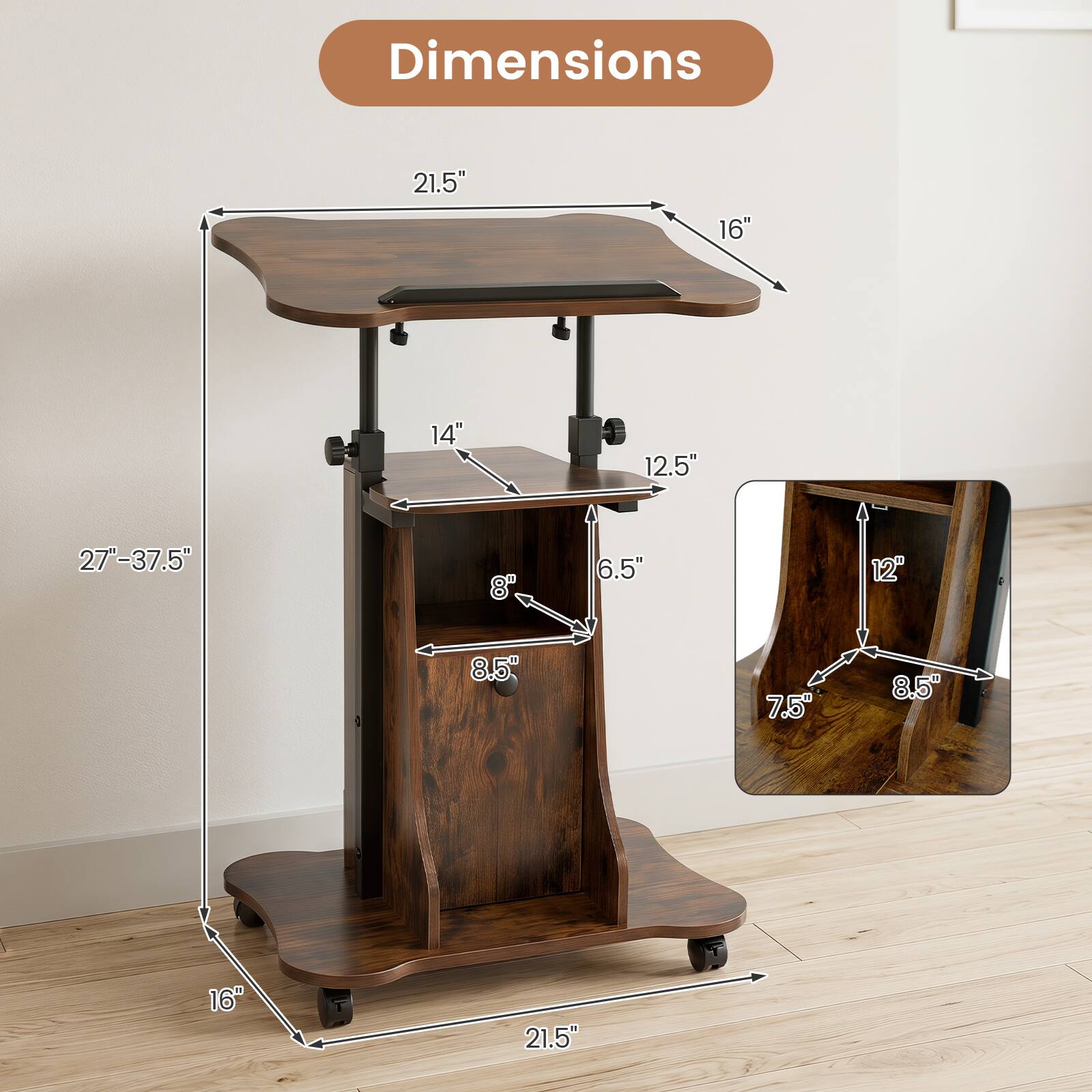 Dimensions: 21.5" x 16" x 14" x 12.5" x 27-37.5" x 8" x 6.5" x 12" x 8.5" x 7.5" x 8.5" x 16" x 21.5"