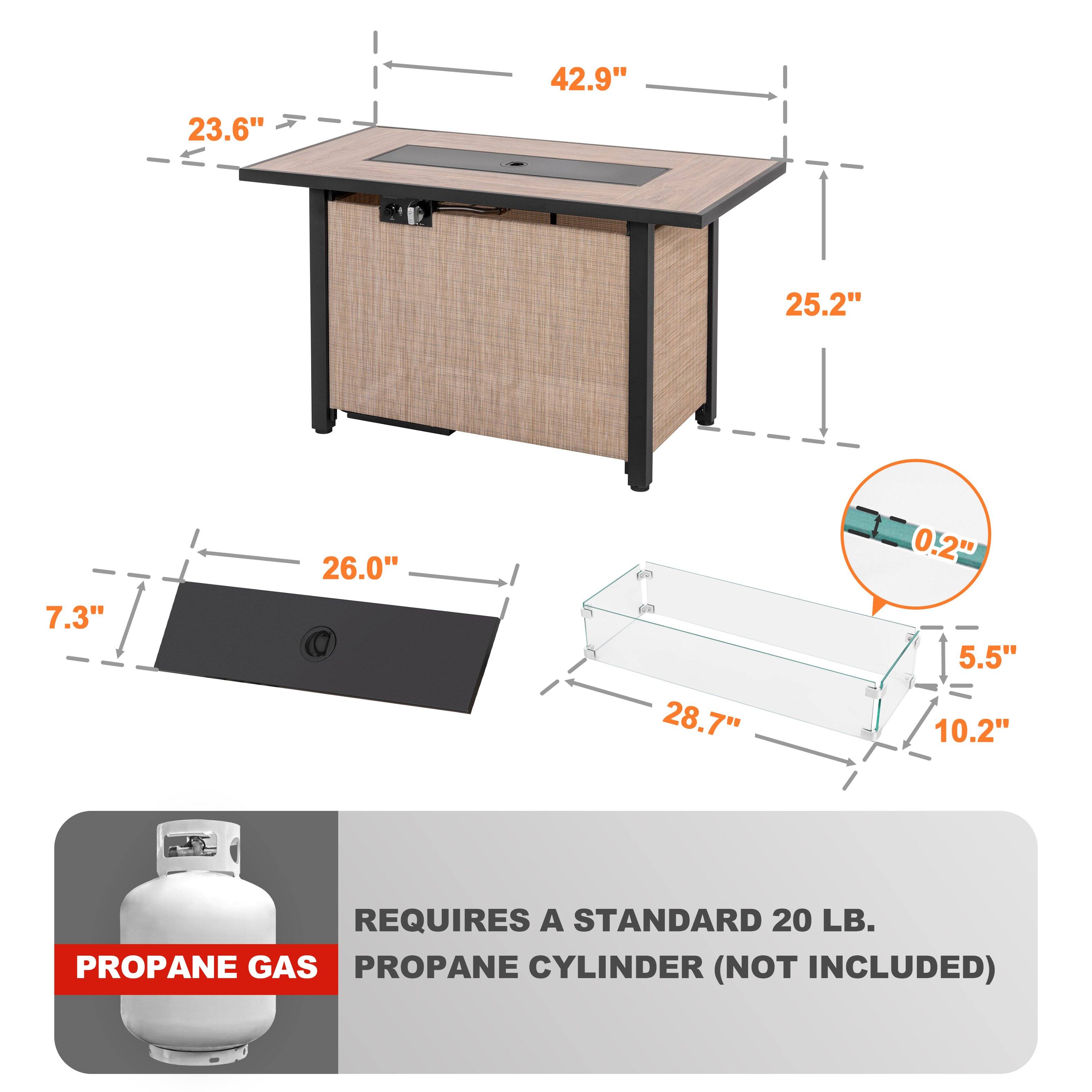 42.9"  
23.6"  
25.2"  
7.3"  
26.0"  
28.7"  
0.2"  
5.5"  
10.2"  

REQUIRES A STANDARD 20 LB. PROPANE GAS PROPANE CYLINDER (NOT INCLUDED)