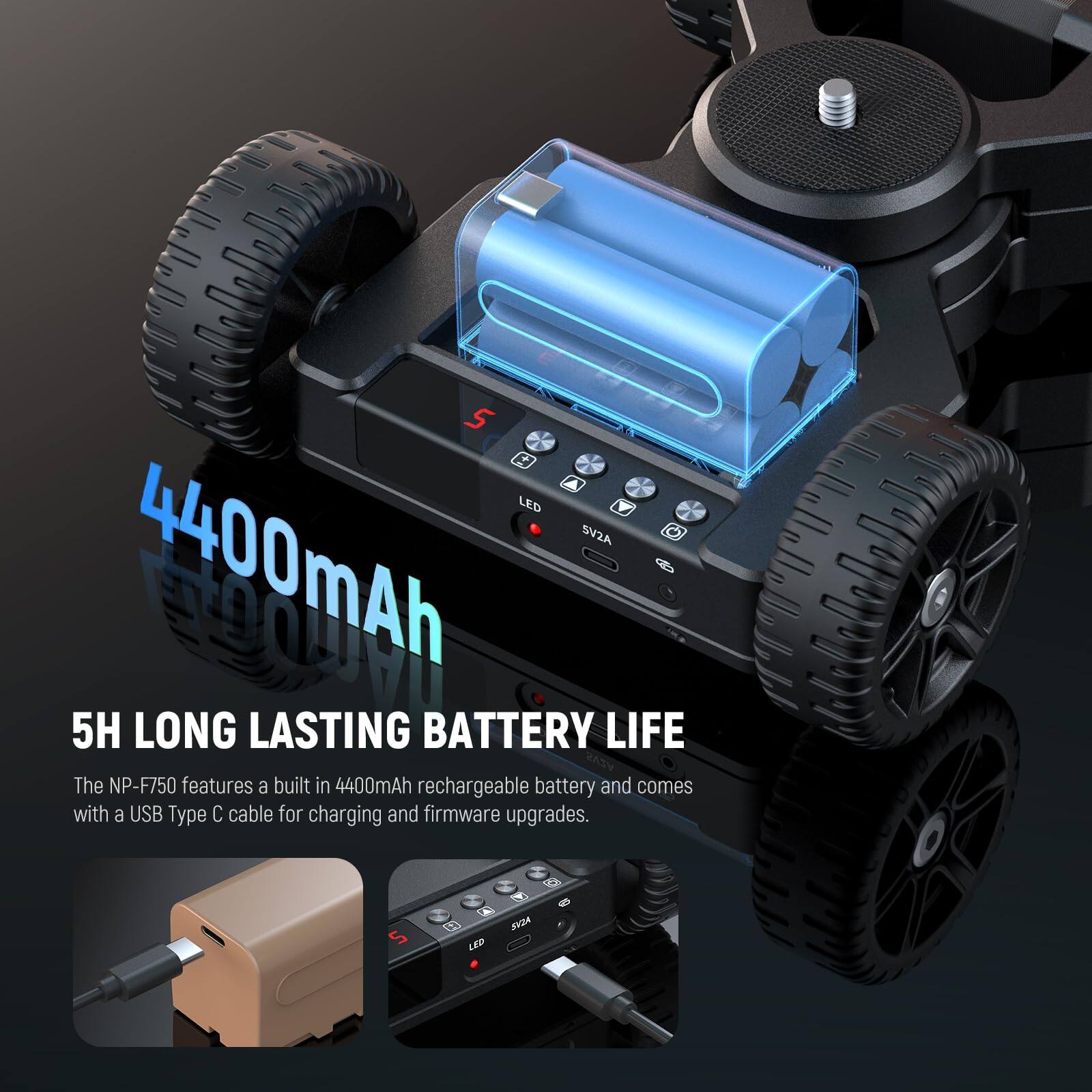 5 + LED SV2A 4400mAh 5H LONG LASTING BATTERY LIFE

The NP-F750 features a built-in 4400mAh rechargeable battery and comes with a USB Type C cable for charging and firmware upgrades.