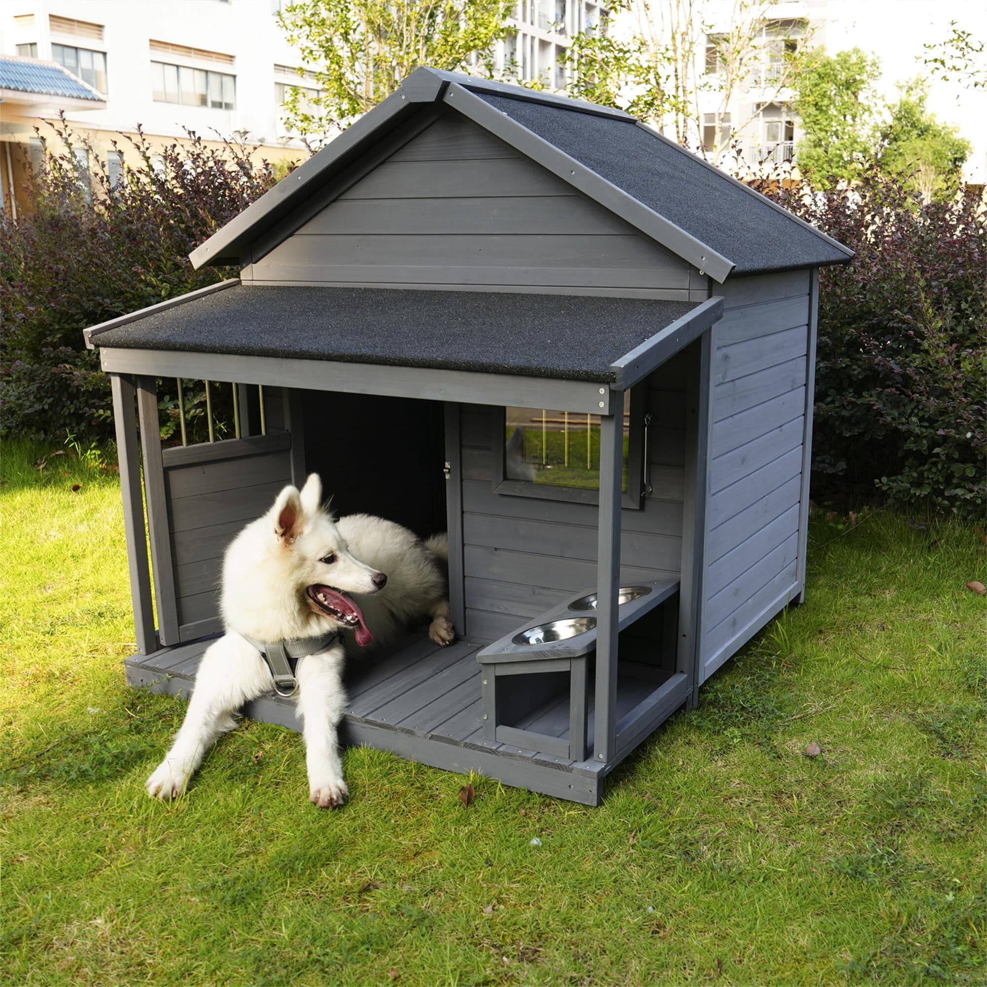 Alt View 1. Pefilos - 44" Wooden Dog House Outdoor Dog Kennel with Small Doors that Can Be Locked, Terrace for Small Dogs.
