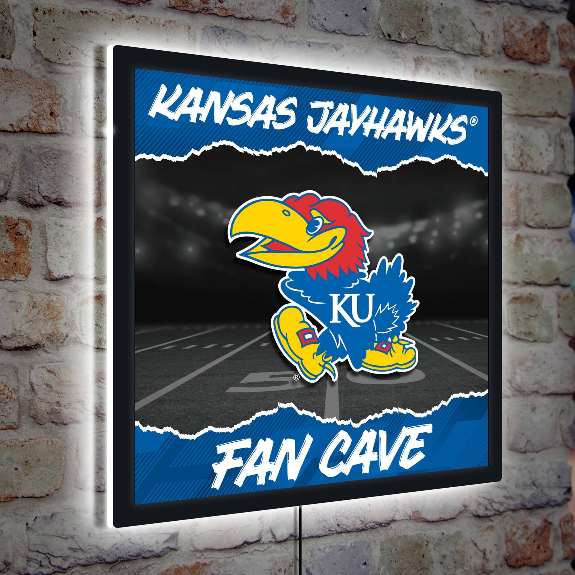 Evergreen Enterprises - Kansas Jayhawks 23" LED Fan Cave Square-Shaped Lighted Wall Sign - Multicolor
