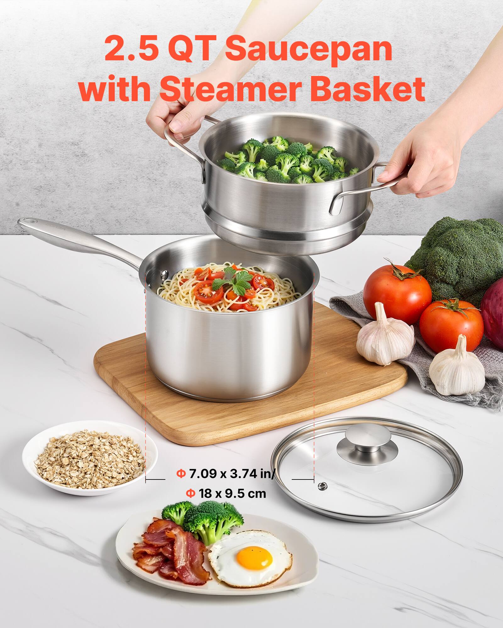2.5 QT Saucepan with Steamer Basket

Ø 7.09 x 3.74 in (Ø 18 x 9.5 cm)