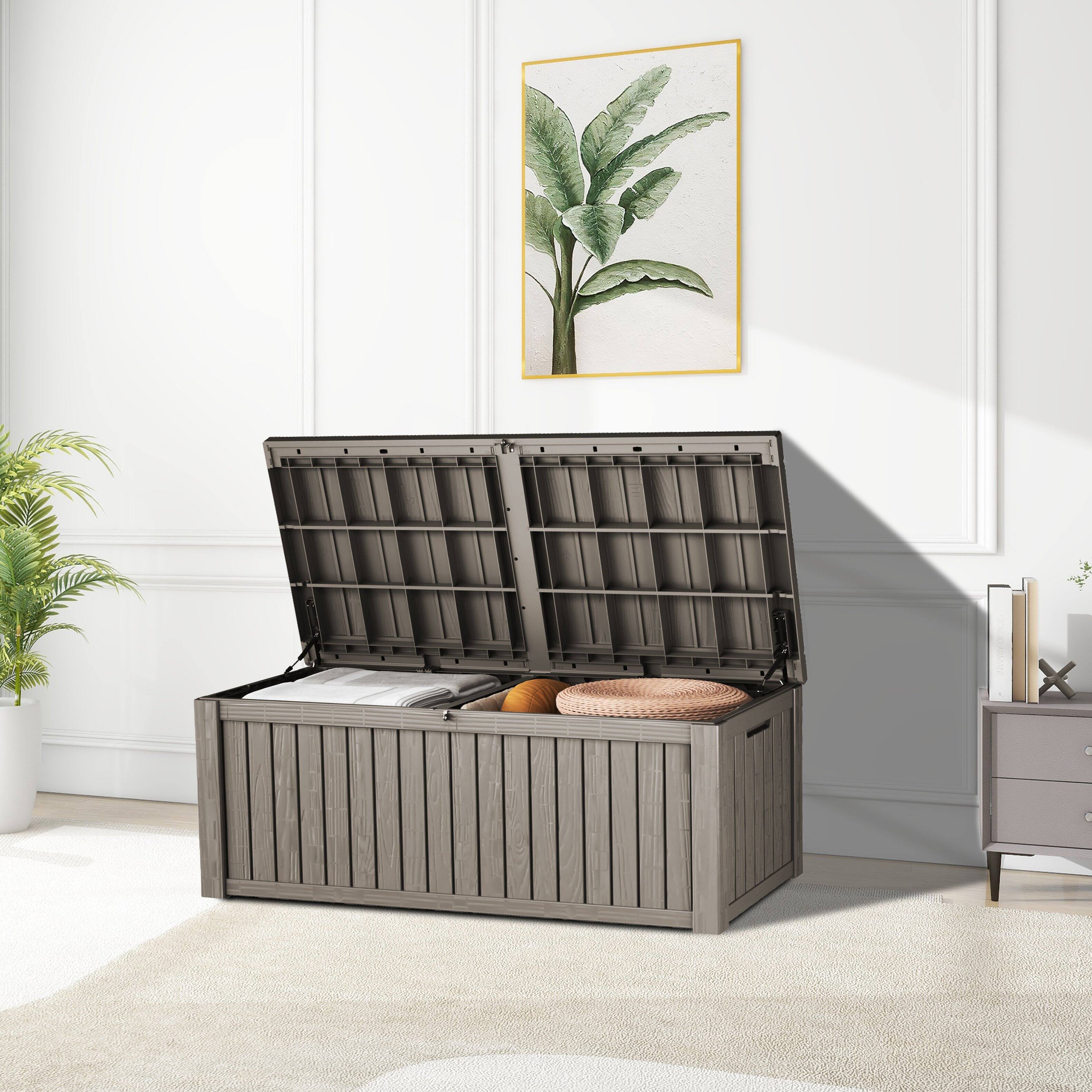 Angle. Decksplore - 190 Gallon Resin Deck Box, Lockable Patio Outdoor Storage Box for Furniture， Waterproof Outside Storage Boxes.
