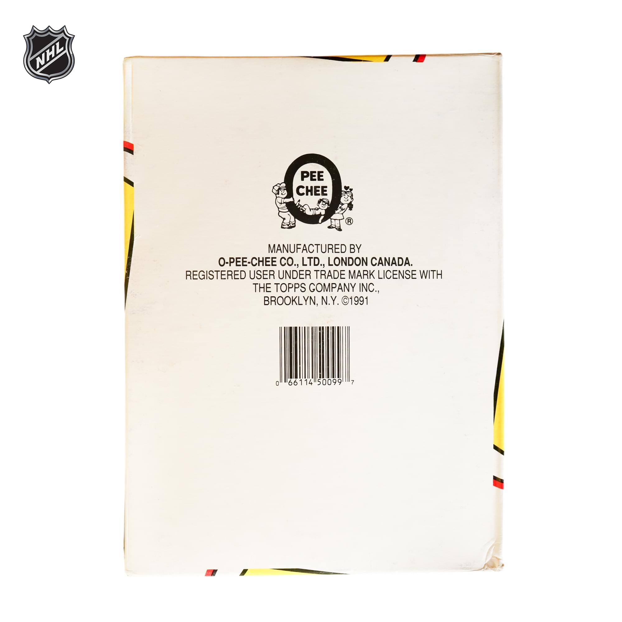 NHL PEE CHEE  
MANUFACTURED BY O-PEE-CHEE CO., LTD., LONDON CANADA.  
REGISTERED USER UNDER TRADE MARK LICENSE WITH THE TOPPS COMPANY INC., BROOKLYN, N.Y. 1991  
C 66114 50099
