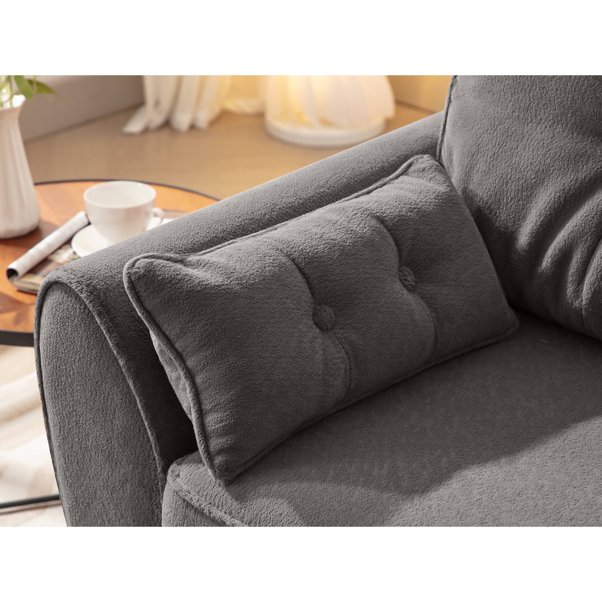 Angle. KERDOM - Soft Teddy Fleece Loveseat Futon Small Couch for Apt, Office, Deep Seat Sofa Bed, Fluffy Thick Back Cushion, Arms Pillow - Grey.