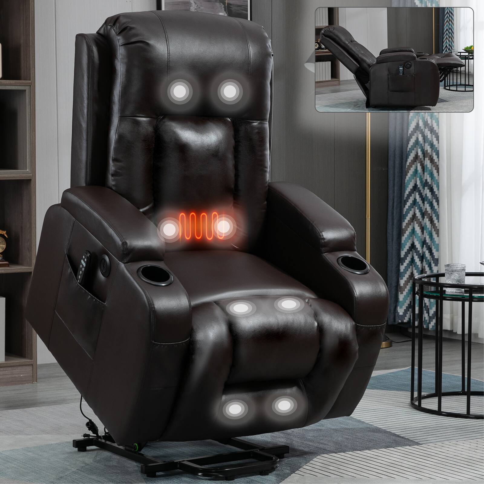 Left. Akoasm - Power Lift Recliner Chair Massage Chair with 8-Point Vibration and Lumbar Heating, USB Charging Port, Cup Holders-Brown - Brown.