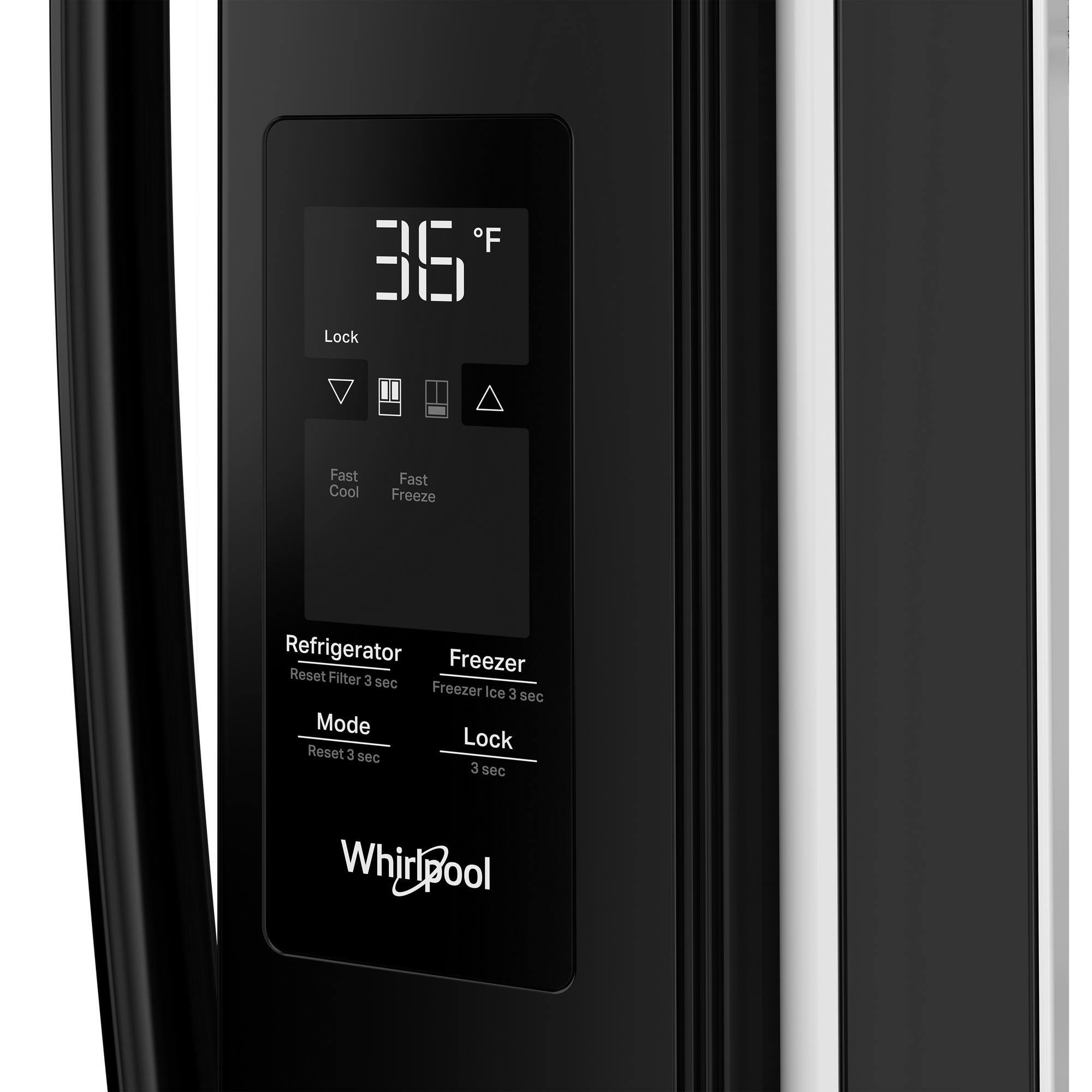 The image shows a black and white appliance with a digital display on the front. The display shows the current temperature and time. The appliance is a refrigerator and freezer combination, with a lock and reset button on the front panel. The buttons are labeled "Fast Cool," "Fast Freeze," "Refrigerator," "Freezer," "Reset," "Filter," and "3 sec." The appliance is made by Whirlpool.