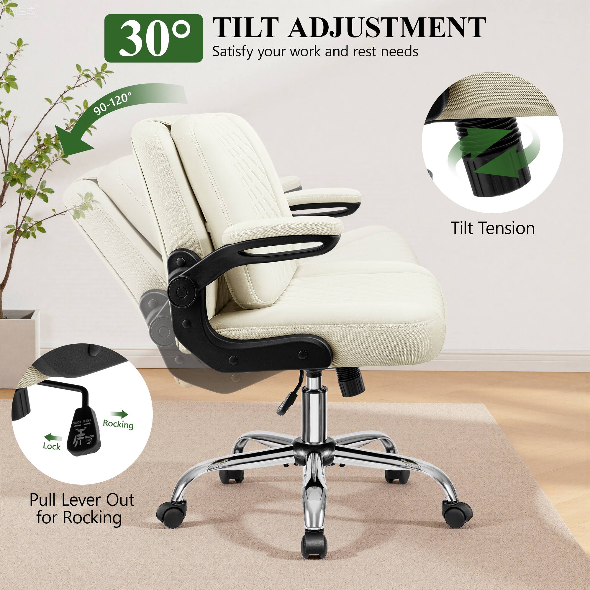 TILT ADJUSTMENT  
30°  
Satisfy your work and rest needs  
90-120°  

Tilt Tension  

Rocking  
Lock  

Pull Lever Out for Rocking