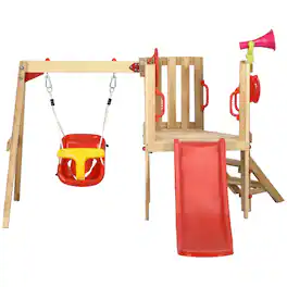 Outsunny - Wooden Swing Set with Swing, Slide, Horn