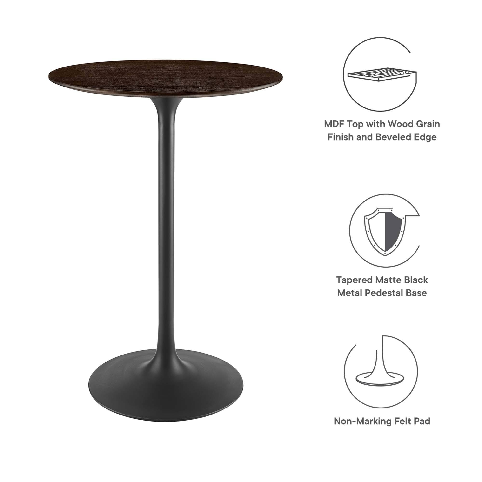 MDF Top with Wood Grain Finish and Beveled Edge  
Tapered Matte Black Metal Pedestal Base  
Non-Marking Felt Pad