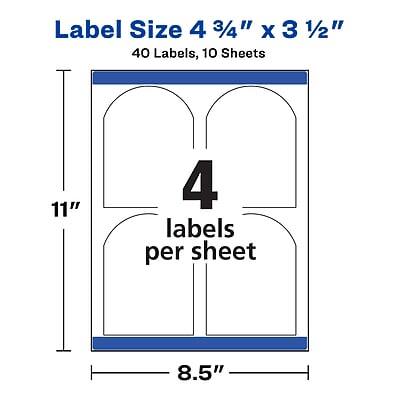 Label Size: 4 3/4" x 3 1/2"  
40 Labels, 10 Sheets  
4 labels per sheet  
11" x 8.5"