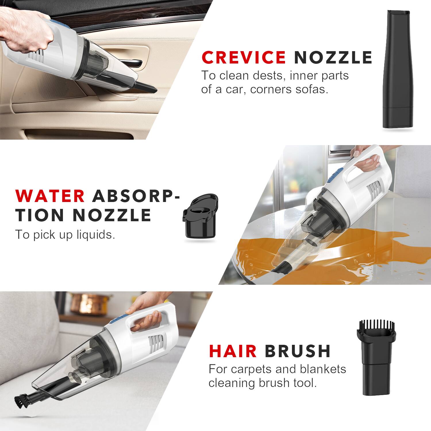 **CREVICE NOZZLE**  
To clean deserts, inner parts of a car, corners sofas.

**WATER ABSORPTION NOZZLE**  
To pick up liquids.

**HAIR BRUSH**  
For carpets and blankets cleaning brush tool.