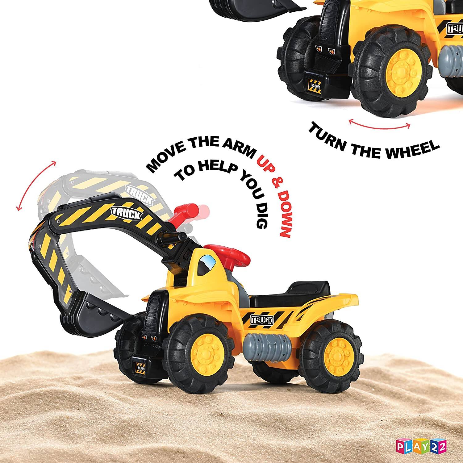 - Turn the wheel
- Move the arm up & down to help you dig
- Play22