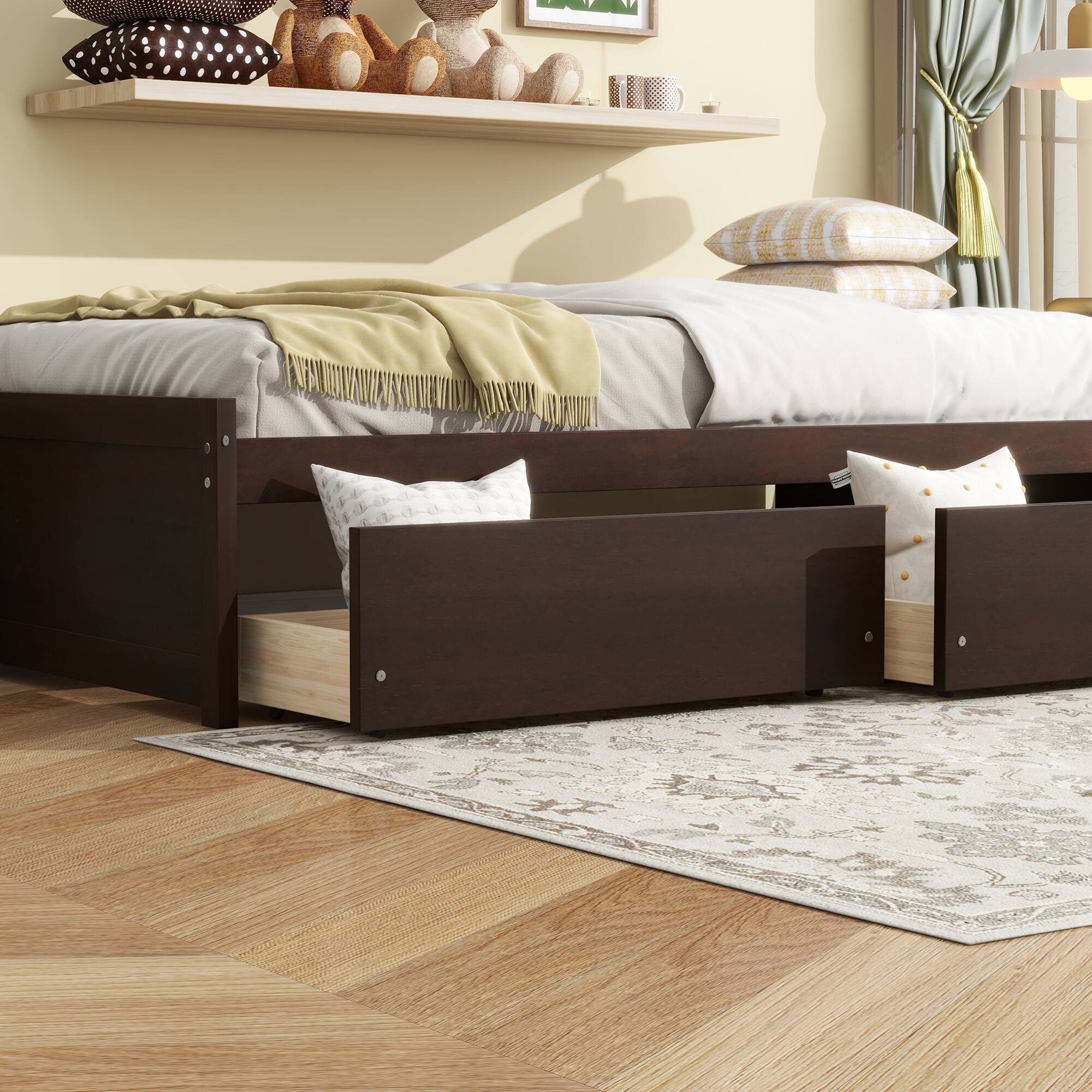 Alt View 7. GOODSILO - Twin Size Platform Bed with Two Underbed Storage Drawers for Space-Saving Bedroom Organization - Espresso.