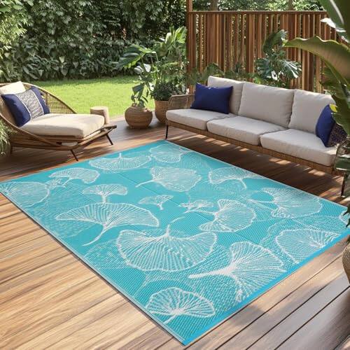Earthley Blooms - Plastic Straw Rug Outdoor Waterproof Patio Rugs Foldable Reversible Camping Mat For Rv Deck Porch Picnic Be - H-aqua Blue/White-5' x 8'