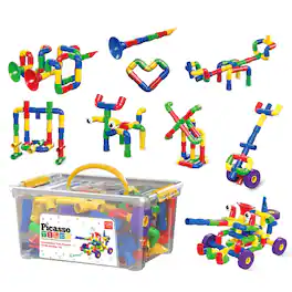 PicassoTiles - PICASSO-TILES Pipe Tube for Kids, 136PCS Wheel Construction STEM Building Blocks Educational Toy - Multicolor