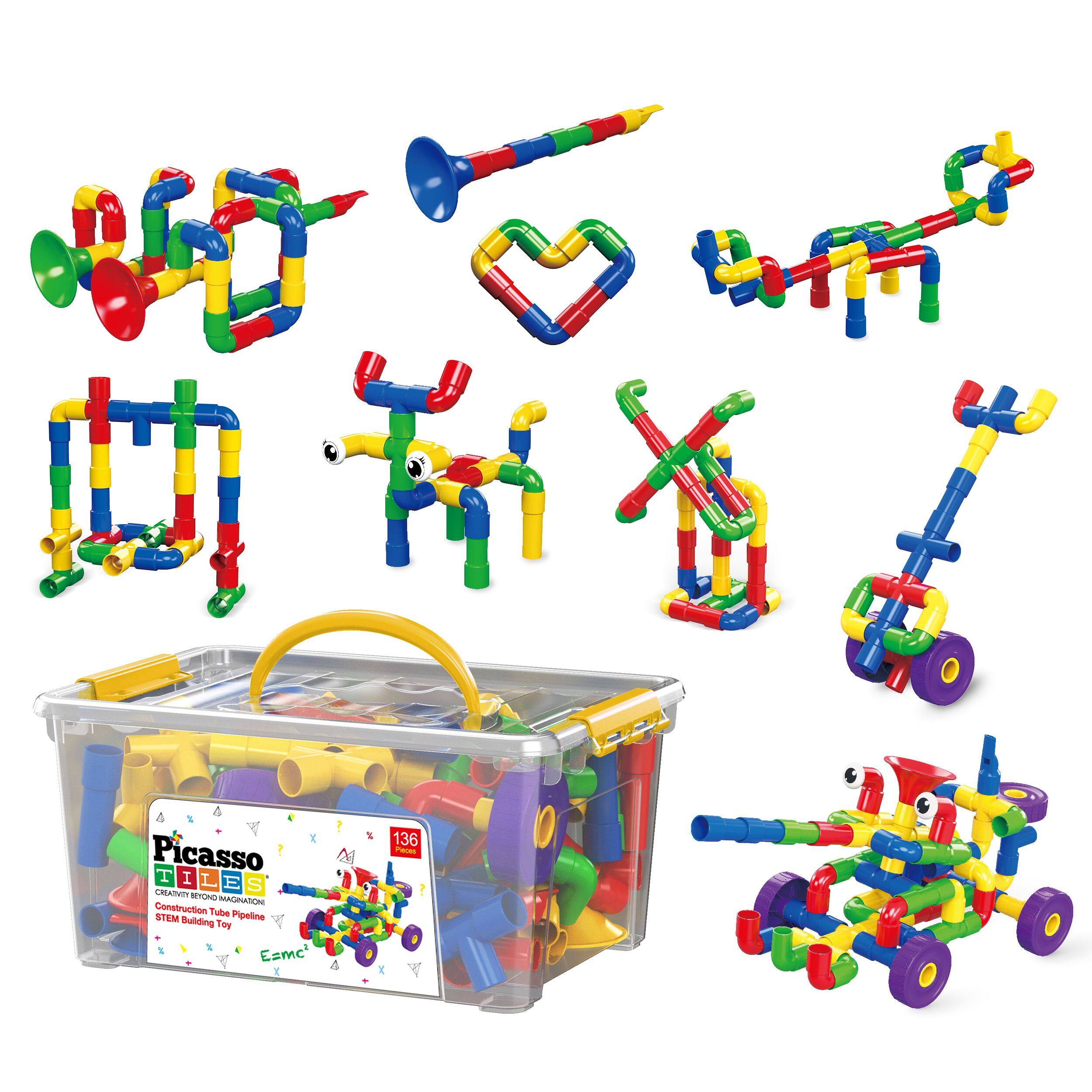 The text on the image is: "Picasso 136 Creative Building Toy Construction Tube Pipeline STEM Building Toy E=mc". 

Grouped and corrected: "Picasso 136 Creative Building Toy Construction Tube Pipeline STEM Building Toy E=mc".